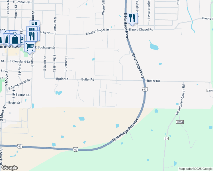 map of restaurants, bars, coffee shops, grocery stores, and more near 801 Butler Road in Prairie Grove