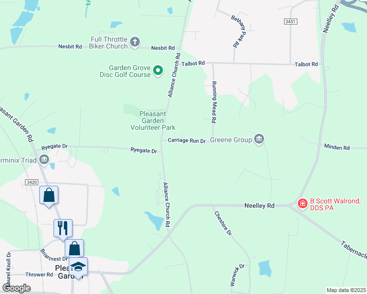 map of restaurants, bars, coffee shops, grocery stores, and more near 1407 Carriage Run Drive in Pleasant Garden