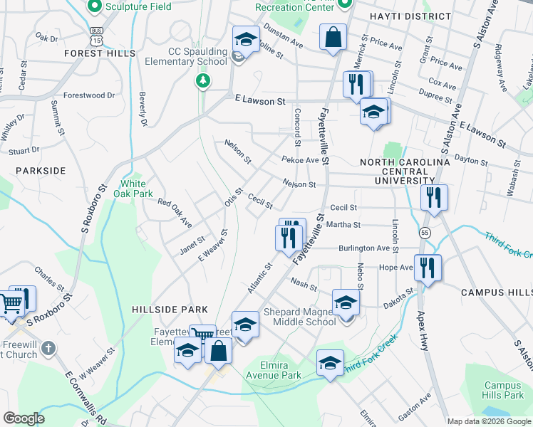 map of restaurants, bars, coffee shops, grocery stores, and more near 2220 Fitzgerald Avenue in Durham