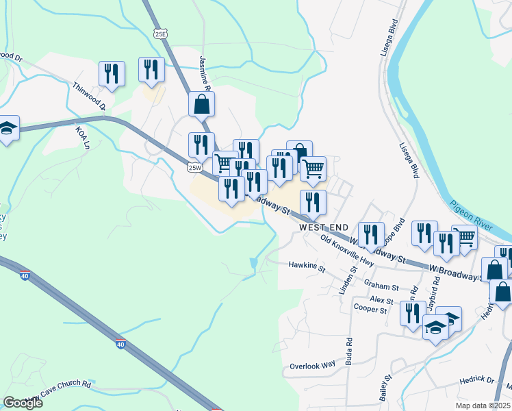 map of restaurants, bars, coffee shops, grocery stores, and more near 571 West Broadway Street in Newport