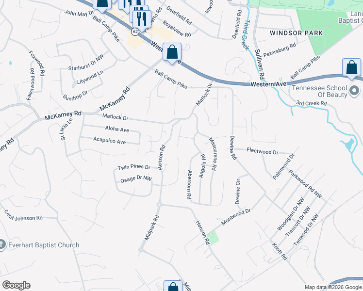 map of restaurants, bars, coffee shops, grocery stores, and more near 4418 Damas Road in Knoxville