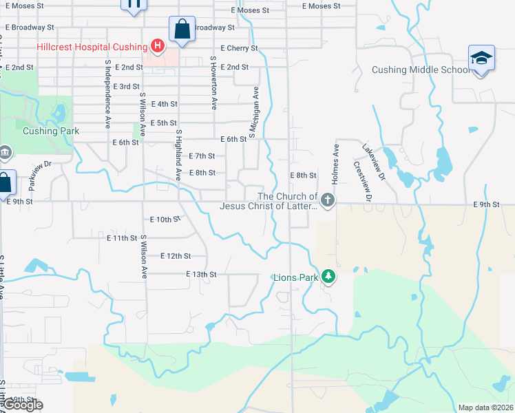 map of restaurants, bars, coffee shops, grocery stores, and more near 915 South Michigan Avenue in Cushing