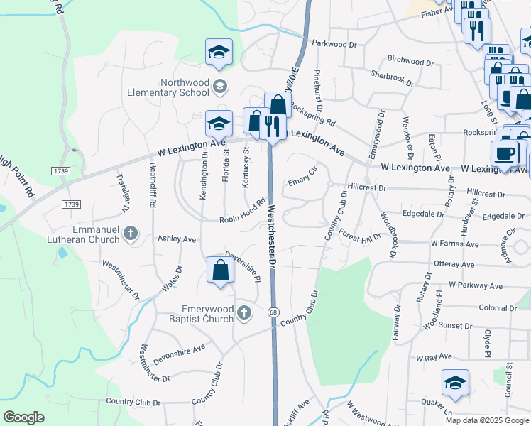 map of restaurants, bars, coffee shops, grocery stores, and more near 1000 Robinhood Road in High Point