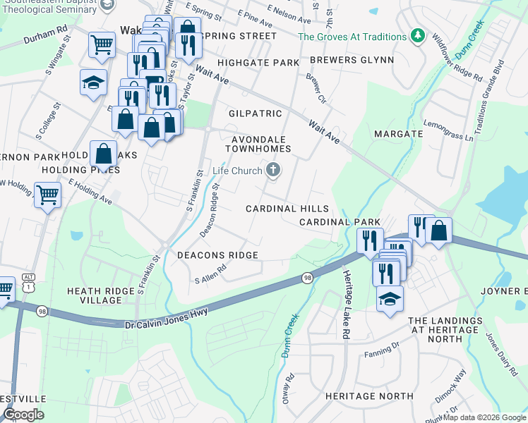 map of restaurants, bars, coffee shops, grocery stores, and more near 716 Quail Avenue in Wake Forest