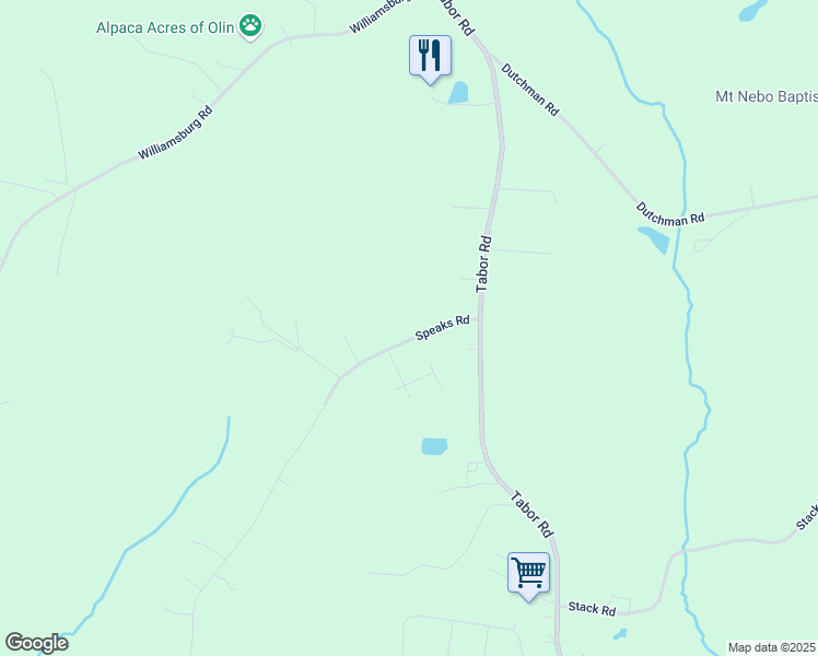 map of restaurants, bars, coffee shops, grocery stores, and more near 122 Speaks Road in Olin