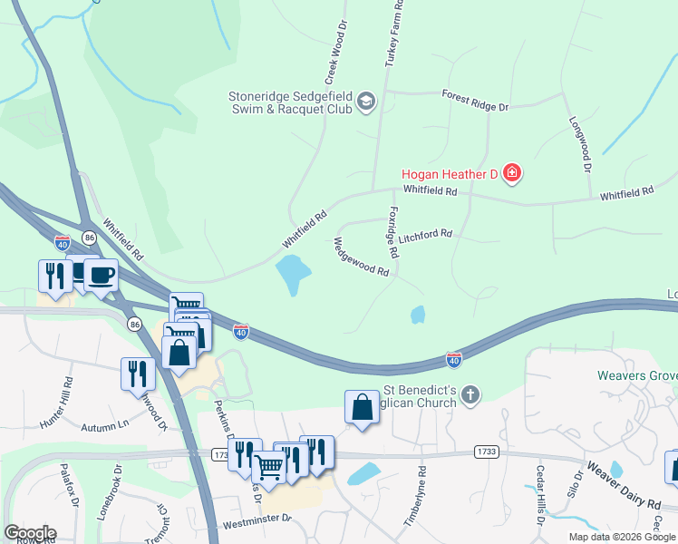 map of restaurants, bars, coffee shops, grocery stores, and more near 24 Wedgewood Road in Chapel Hill