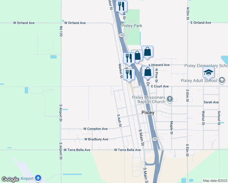 map of restaurants, bars, coffee shops, grocery stores, and more near 251 South Ash Street in Pixley