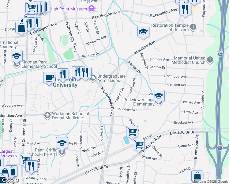 map of restaurants, bars, coffee shops, grocery stores, and more near 1020 Meadowbrook Boulevard in High Point