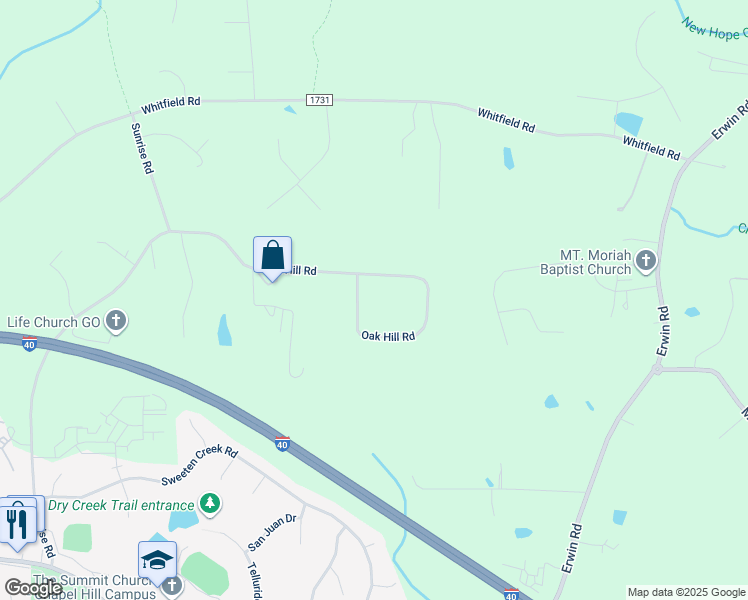 map of restaurants, bars, coffee shops, grocery stores, and more near 4903 Oak Hill Road in Chapel Hill
