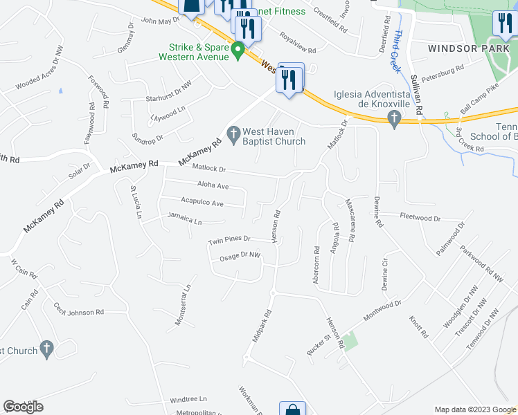 map of restaurants, bars, coffee shops, grocery stores, and more near 4419 Leonie Lane Northwest in Knoxville