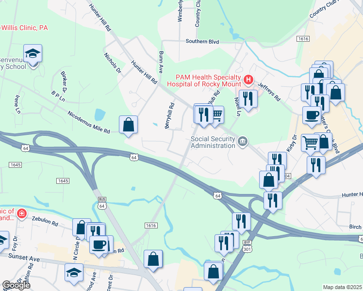 map of restaurants, bars, coffee shops, grocery stores, and more near 724 Country Club Road in Rocky Mount