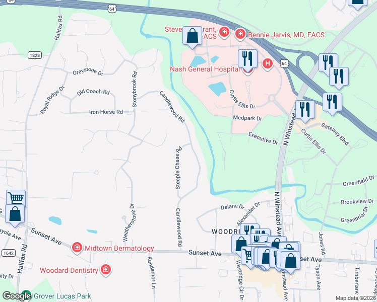 map of restaurants, bars, coffee shops, grocery stores, and more near 148 Steeple Chase Road in Rocky Mount