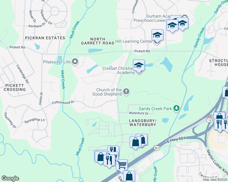 map of restaurants, bars, coffee shops, grocery stores, and more near 3306 Cedarbird Way in Durham