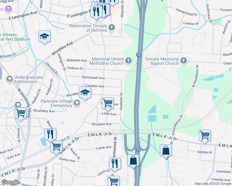 map of restaurants, bars, coffee shops, grocery stores, and more near 1320 Camden Avenue in High Point