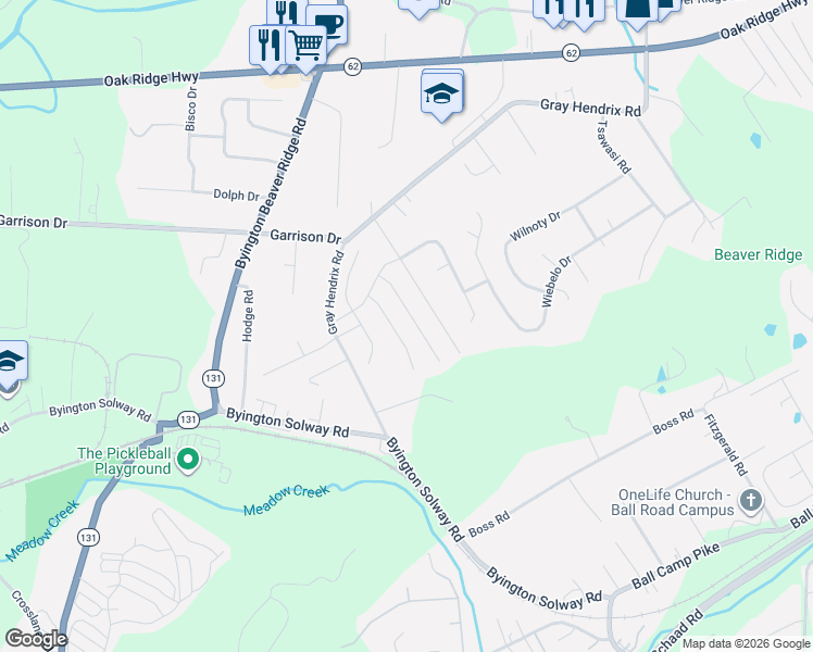 map of restaurants, bars, coffee shops, grocery stores, and more near 2444 Clinging Vine Lane in Knoxville