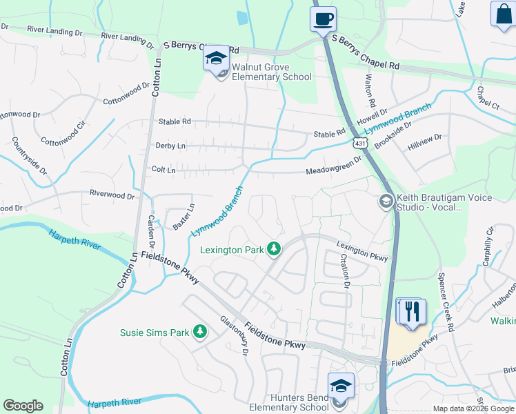 map of restaurants, bars, coffee shops, grocery stores, and more near 2302 Wimbledon Circle in Franklin