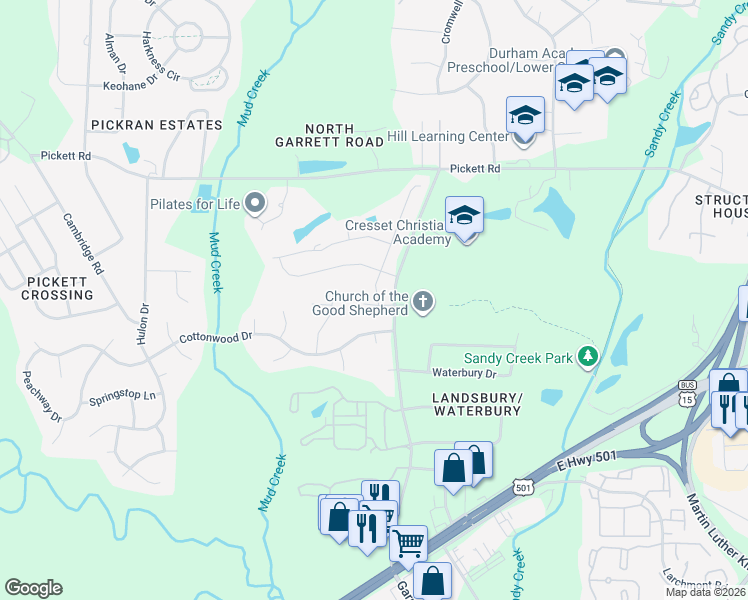 map of restaurants, bars, coffee shops, grocery stores, and more near 3306 Cedarbird Way in Durham