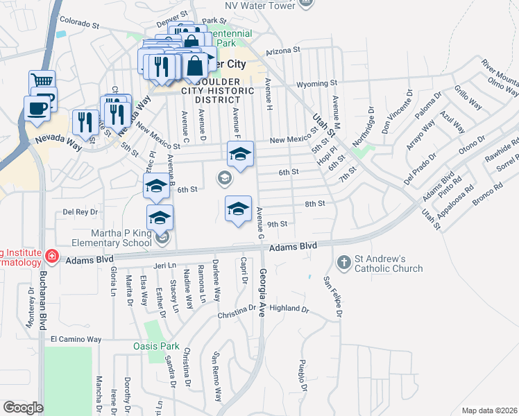 map of restaurants, bars, coffee shops, grocery stores, and more near 1000-1048 Avenue G in Boulder City