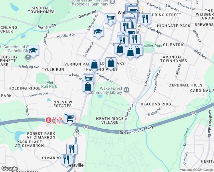 map of restaurants, bars, coffee shops, grocery stores, and more near 154 East Holding Avenue in Wake Forest