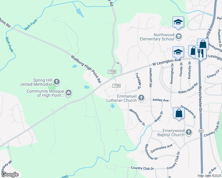 map of restaurants, bars, coffee shops, grocery stores, and more near 1329 Trafalgar Drive in High Point