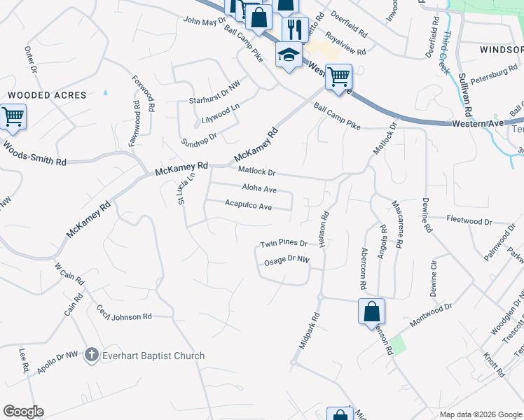 map of restaurants, bars, coffee shops, grocery stores, and more near 5729 Acapulco Avenue in Knoxville