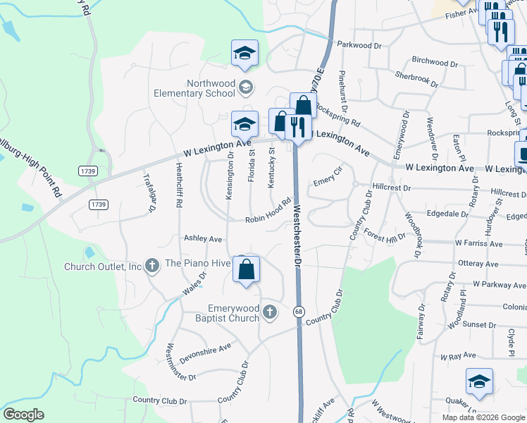 map of restaurants, bars, coffee shops, grocery stores, and more near 1301 Kentucky Street in High Point