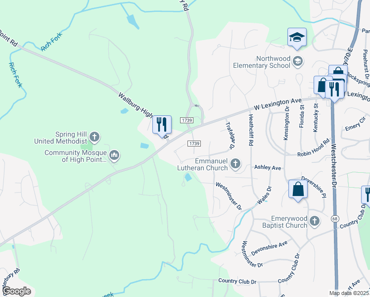 map of restaurants, bars, coffee shops, grocery stores, and more near 1329 Trafalgar Drive in High Point
