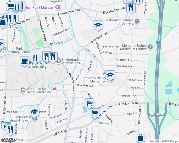 map of restaurants, bars, coffee shops, grocery stores, and more near 532 Radford Street in High Point