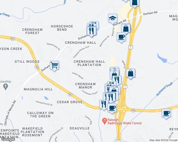map of restaurants, bars, coffee shops, grocery stores, and more near 1417 Flemming House Street in Wake Forest