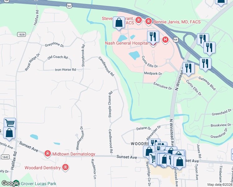 map of restaurants, bars, coffee shops, grocery stores, and more near 148 Steeple Chase Road in Rocky Mount