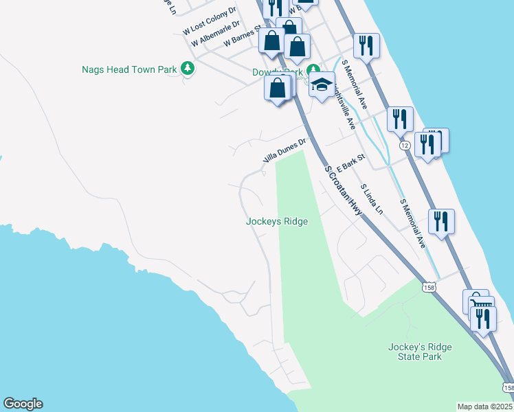 map of restaurants, bars, coffee shops, grocery stores, and more near 315 Nags Way Court in Kill Devil Hills