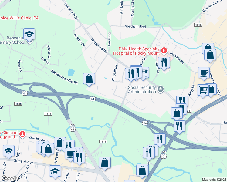 map of restaurants, bars, coffee shops, grocery stores, and more near 1608 Overton Drive in Rocky Mount