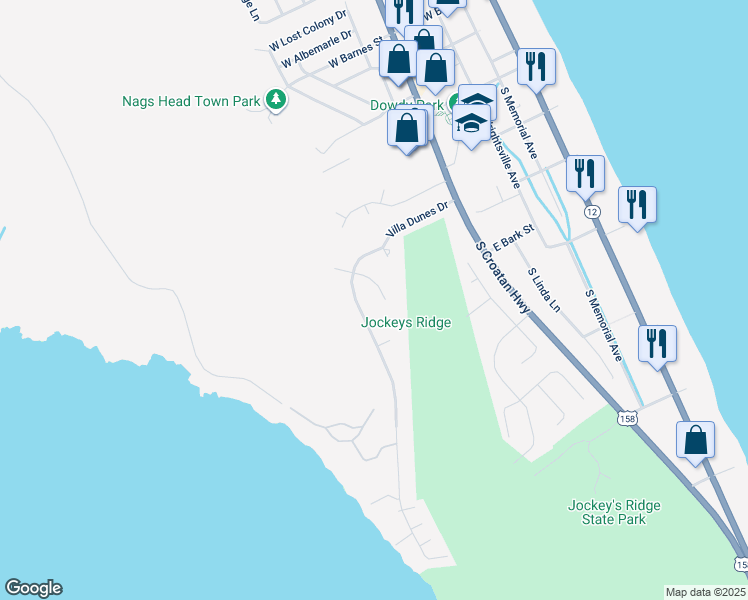 map of restaurants, bars, coffee shops, grocery stores, and more near 315 Nags Way Court in Kill Devil Hills