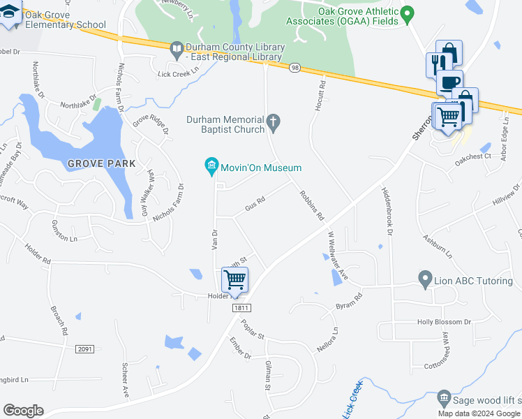 map of restaurants, bars, coffee shops, grocery stores, and more near 429 Gus Road in Durham