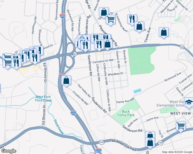 map of restaurants, bars, coffee shops, grocery stores, and more near 2505 Sanderson Road in Knoxville