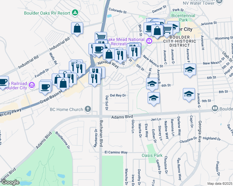 map of restaurants, bars, coffee shops, grocery stores, and more near 22 Del Rey Drive in Boulder City