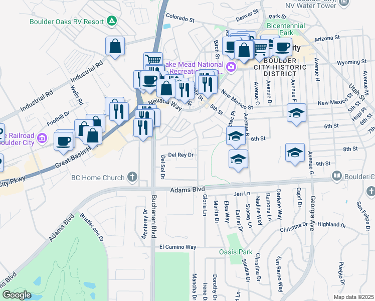 map of restaurants, bars, coffee shops, grocery stores, and more near 22 Del Rey Drive in Boulder City