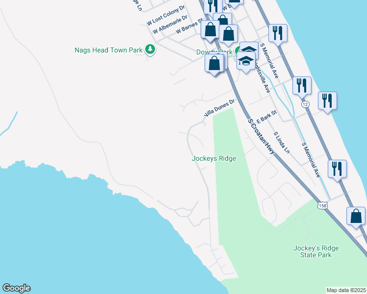 map of restaurants, bars, coffee shops, grocery stores, and more near 313 Villa Dunes Drive in Nags Head