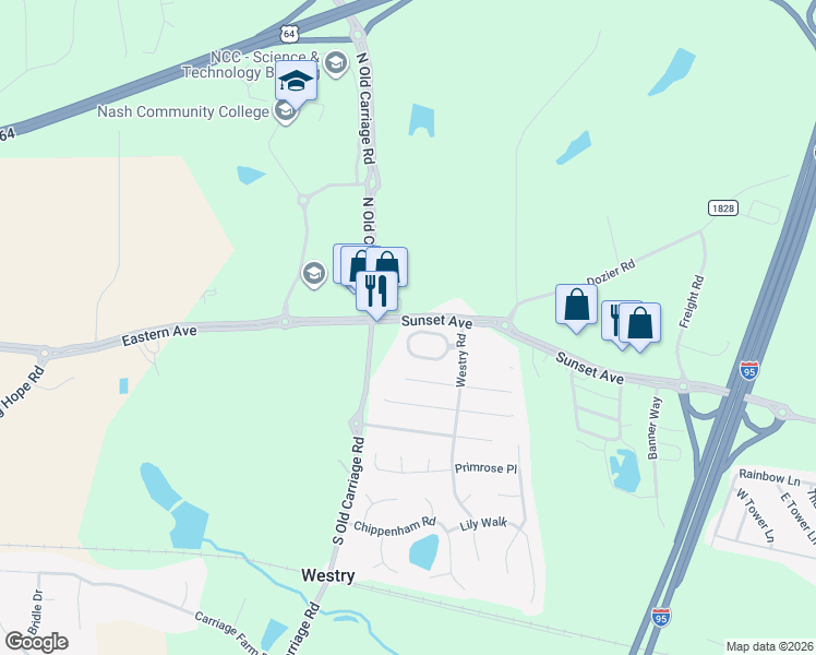 map of restaurants, bars, coffee shops, grocery stores, and more near 4710 Sunset Ave in Rocky Mt