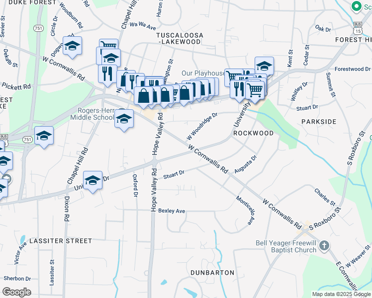 map of restaurants, bars, coffee shops, grocery stores, and more near 701 West Cornwallis Road in Durham