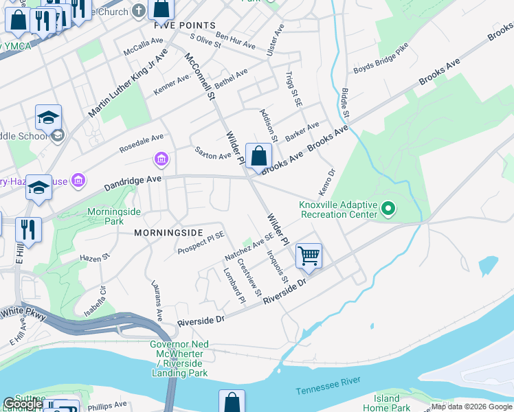 map of restaurants, bars, coffee shops, grocery stores, and more near 1301 Wilder Place in Knoxville