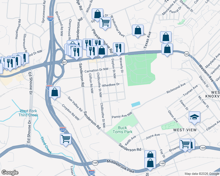 map of restaurants, bars, coffee shops, grocery stores, and more near 2601 Piedmont Street Northwest in Knoxville