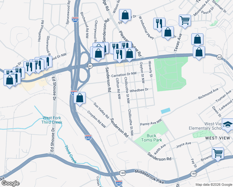 map of restaurants, bars, coffee shops, grocery stores, and more near 2505 Sanderson Road in Knoxville