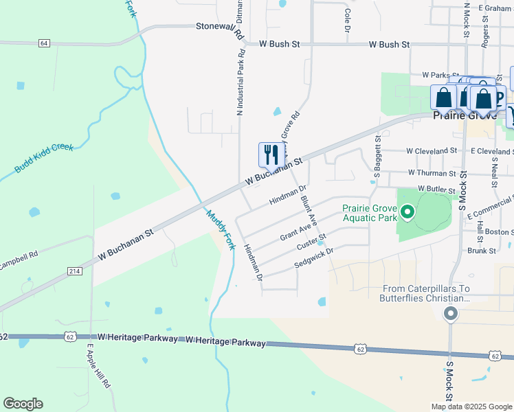map of restaurants, bars, coffee shops, grocery stores, and more near 881 West Buchanan Street in Prairie Grove