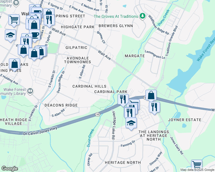 map of restaurants, bars, coffee shops, grocery stores, and more near 300 Cardinal Crest Lane in Wake Forest