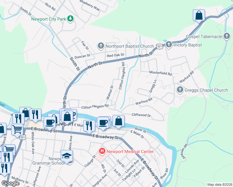 map of restaurants, bars, coffee shops, grocery stores, and more near 410 Clifton Heights Road in Newport