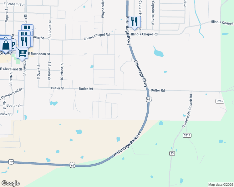 map of restaurants, bars, coffee shops, grocery stores, and more near 1000 Butler Road in Prairie Grove