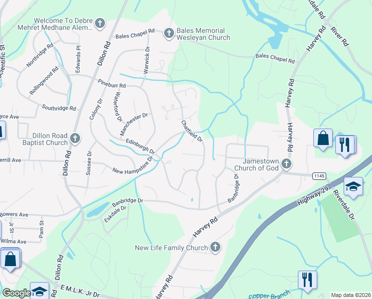 map of restaurants, bars, coffee shops, grocery stores, and more near 1605 Colony Woods Court in Jamestown