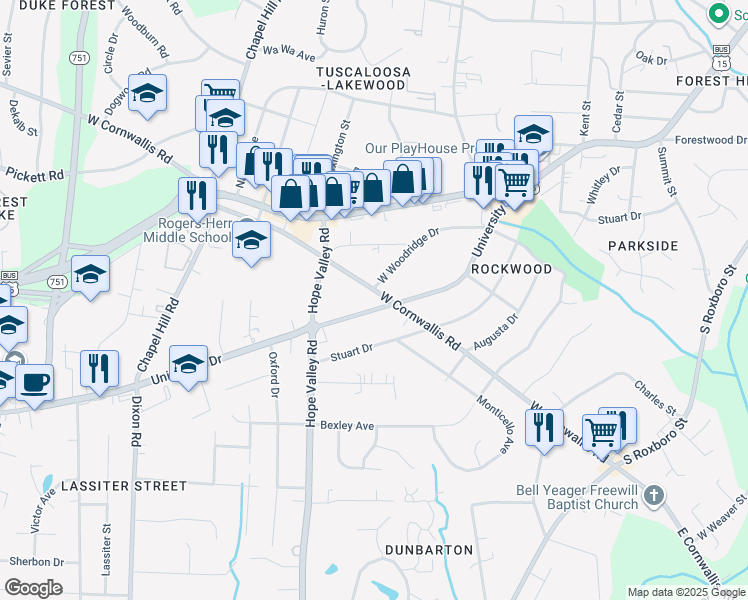 map of restaurants, bars, coffee shops, grocery stores, and more near 701 West Cornwallis Road in Durham