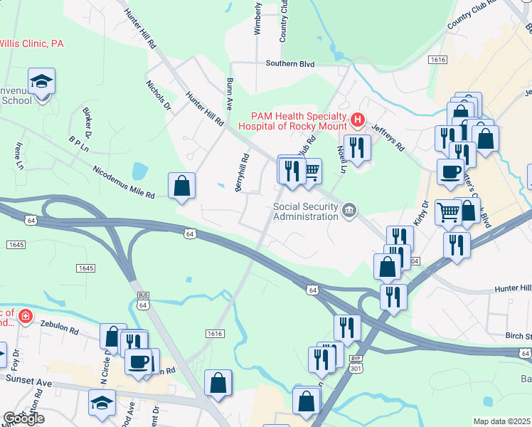 map of restaurants, bars, coffee shops, grocery stores, and more near 736 Country Club Road in Rocky Mount